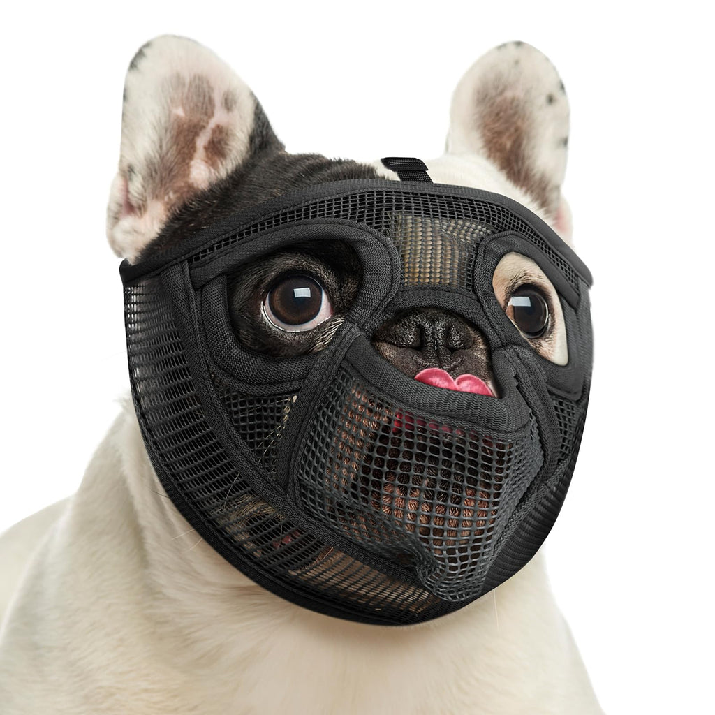 Mayerzon Short Snout Dog Muzzle, French Bulldog Muzzle with Tongue Out Design to Prevent Eating Biting Licking, Mesh Dog Muzzle for Shih Tzu Pug English Bulldog, Breathable Muzzle for Grooming Walking Black XS [Head Cir: 13"-14½"] - PawsPlanet Australia