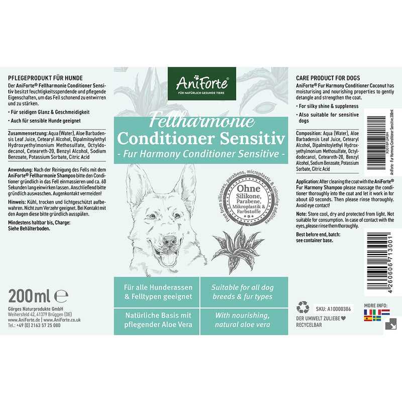 AniForte Fellharmonie Conditioner for Dogs 200ml - Sensitive conditioner for long hair and short hair, fur care and protection with aloe vera, anti-felt, without perfume - PawsPlanet Australia