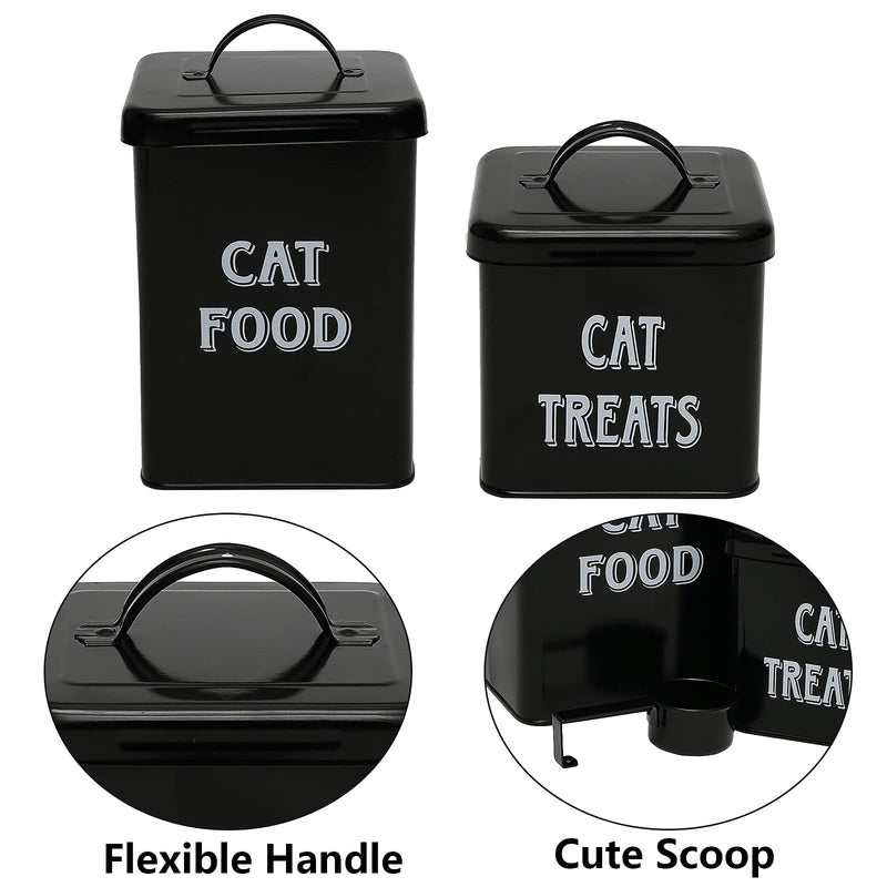 Pethiy cat Food and Treats Containers Set with Scoop for cats-Vintage White Powder-Coated Carbon Steel - Tight Fitting Lids - Storage Canister Tins Small-Black Black - PawsPlanet Australia