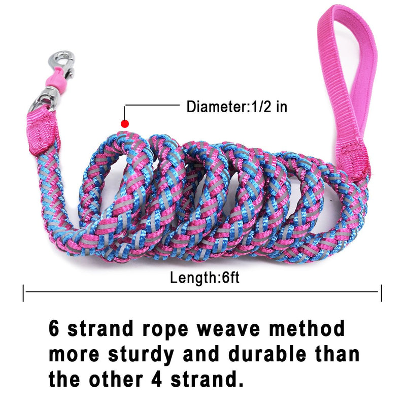 [Australia] - Mycicy Rope Dog Leash - 6 Foot Reflective Dog Leash - Mountain Climbing Nylon Braided Heavy Duty Dog Training Leash for Large and Medium Dogs Walking Leads 6ft * 1/2" pink 