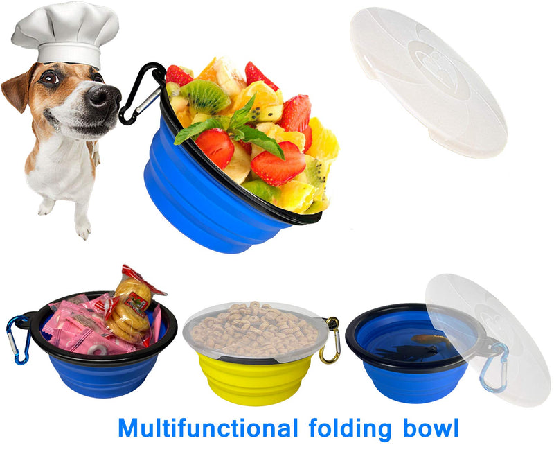 [Australia] - Collapsible Dog Bowl for Travel, 2 Pack Foldable Bowl with Lid Dog Water Bowl Puppy Feeding Bowls & Dog Poop Bag with Dispenser, Portable Bowl Set,15oz,450ML Blue+Yellow 