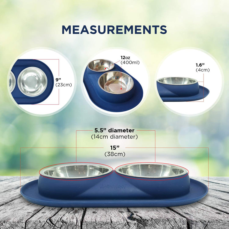 Bonza Double Cat Bowls Feeding Station, 400ml Premium Stainless Steel Dog and Cat Food or Water Bowls with Non-Spill Silicone Base, for Small Dogs and Cats Navy Blue - PawsPlanet Australia