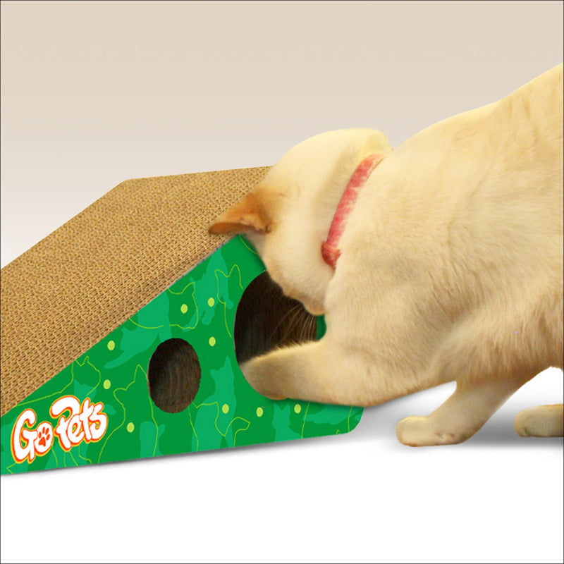 [Australia] - GoPets Premium Cat Scratcher, Wedge Shaped Corrugated Cardboard is Reversible Lasts 2X Longer Includes 1 Pack Catnip, Natural Incline More Ergonomic Than Scratching Post, Cutouts to Hide Toys 