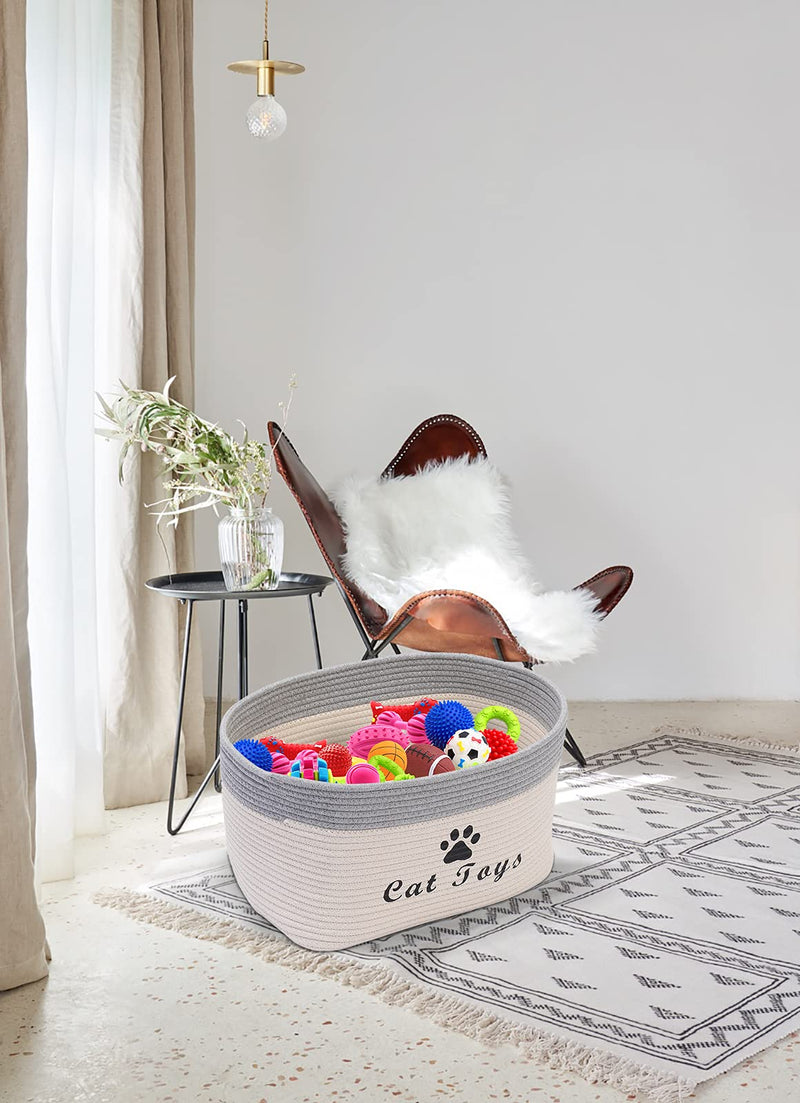 Brabtod Cotton rope dog toy basket with handle, puppy bins, pet bed, pet toy box- Perfect for organizing pet toys, blankets, leashes, coat and pee mat -GreyWhite-cat Grey White-cat - PawsPlanet Australia