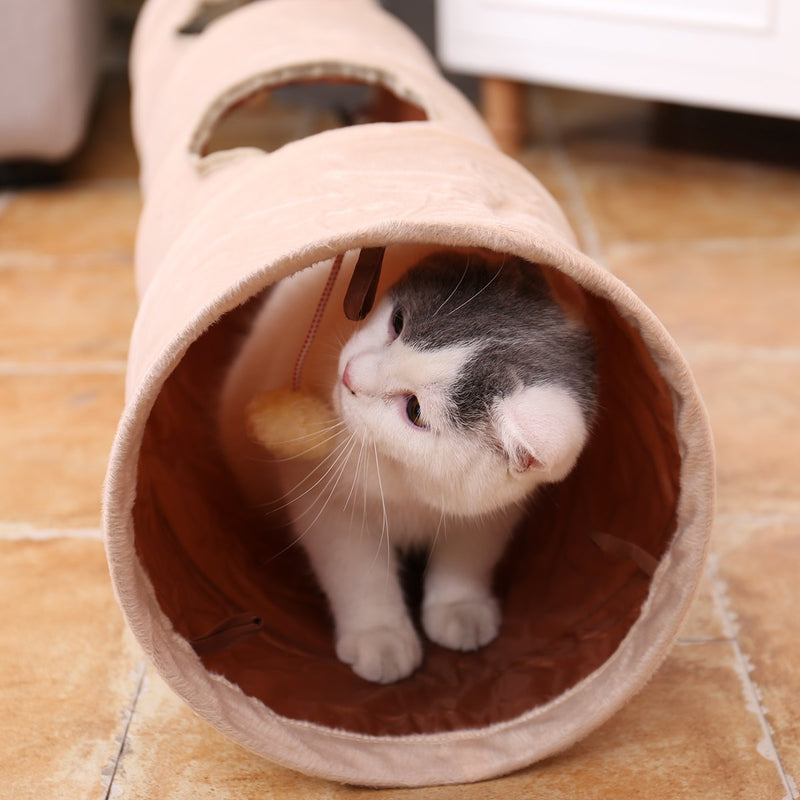 PAWZ Road Cat Pet Tunnel Soft Crinkly Ball Play Fun 2 Holes 25 cm Labyrinth Sprung Steel Creamy White 120 cm Creamy White:120*25 cm - PawsPlanet Australia