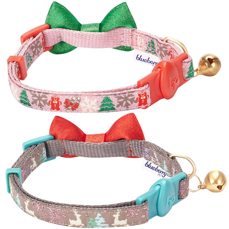 [Australia] - Blueberry Pet 3 Patterns Holiday Celebration Cat Collars 9"-13" Neck Pack of 2 - Christmas Trees 