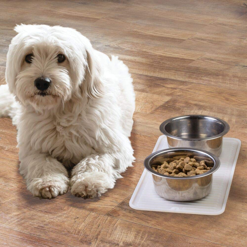 mDesign Premium Quality Pet Food and Water Bowl Feeding Mat for Dogs and Puppies - Waterproof Non-Slip Durable Silicone Placemat - Raised Edges, Food Safe, Non-Toxic - Small - White Clear - PawsPlanet Australia