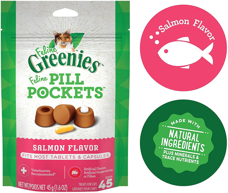 ( 3 Pack) Feline GREENIES Pill Pockets for Cats Natural Soft Cat Treats, Salmon 1.6 oz. (45 Treats Each) with 10ct Pet Wipes - PawsPlanet Australia
