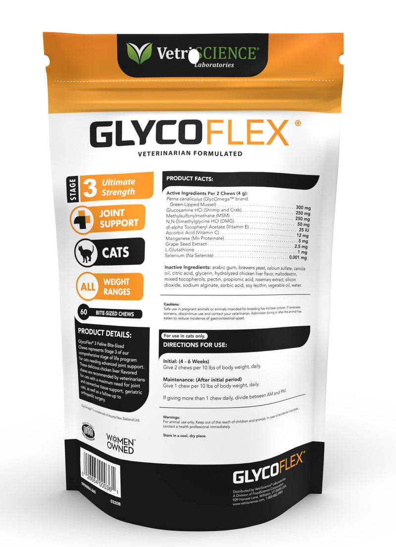 VETRISCIENCE Glycoflex 3 Maximum Strength Hip and Joint Supplement with Glucosamine for Cats - DMG, MSM & Green Lipped Mussel - PawsPlanet Australia