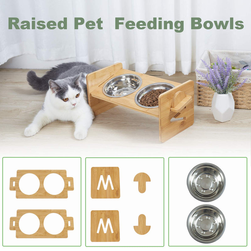 Bingopaw Raised Pet Bowls Cat and Small Dog Bowl Station Bamboo Stand and Stainless Bowls, Height Adjustable Spine Protection Feeder - PawsPlanet Australia