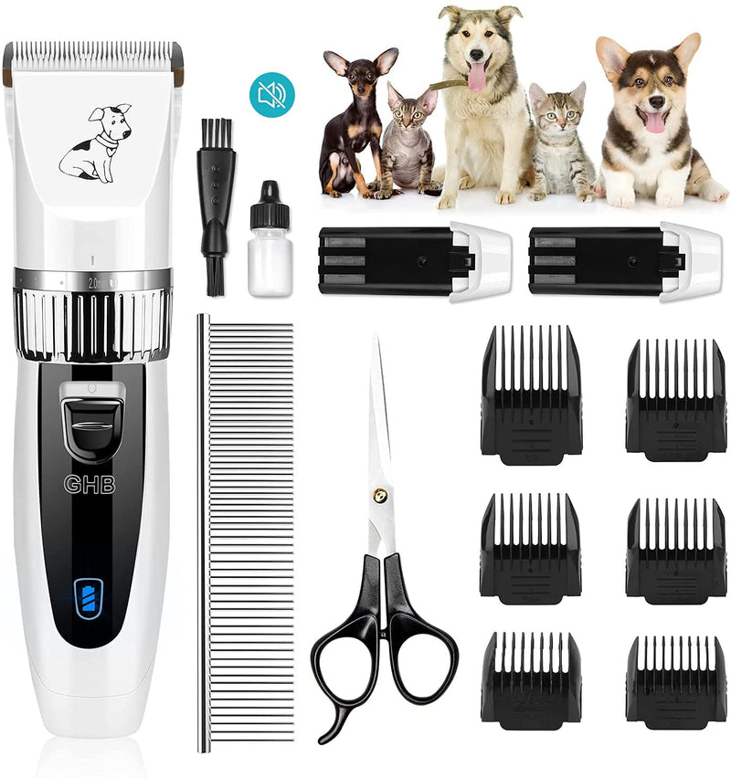 GHB Pet Hair Trimmer Dog Clipper Dog Clipper Dog Cat Pet Timmer with Dog Scissors 6 Attachments and 2 Rechargeable Batteries - PawsPlanet Australia