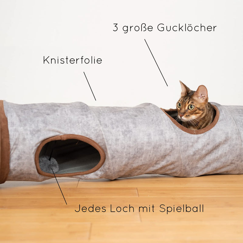 KaraLuna Premium Cat Tunnel 120 x 24 cm I 3 Peepholes & Play Balls I Cat Play Tunnel Foldable Cat Toy Cat Tunnel Rustling Tunnel Cave Roll Cat Tunnel Cat Gray Rabbit XXL - PawsPlanet Australia