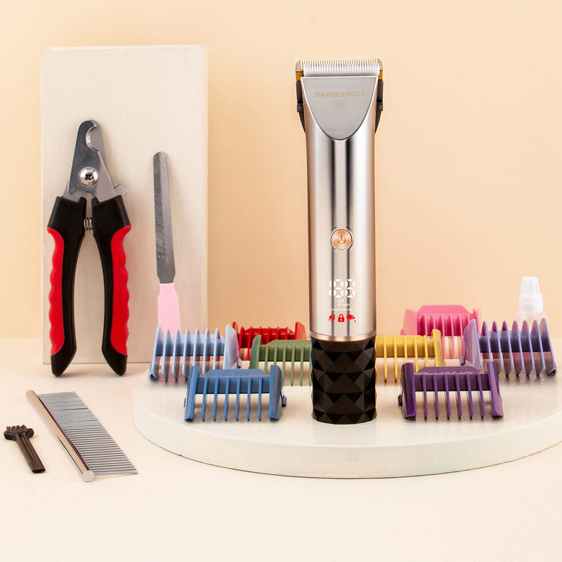 BarberBoss QR-9081 Low Noise Pet Grooming Kit with 2 Speed Settings, Ceramic Blades, USB Charging, LED Display and 8 Comb Attachments - PawsPlanet Australia