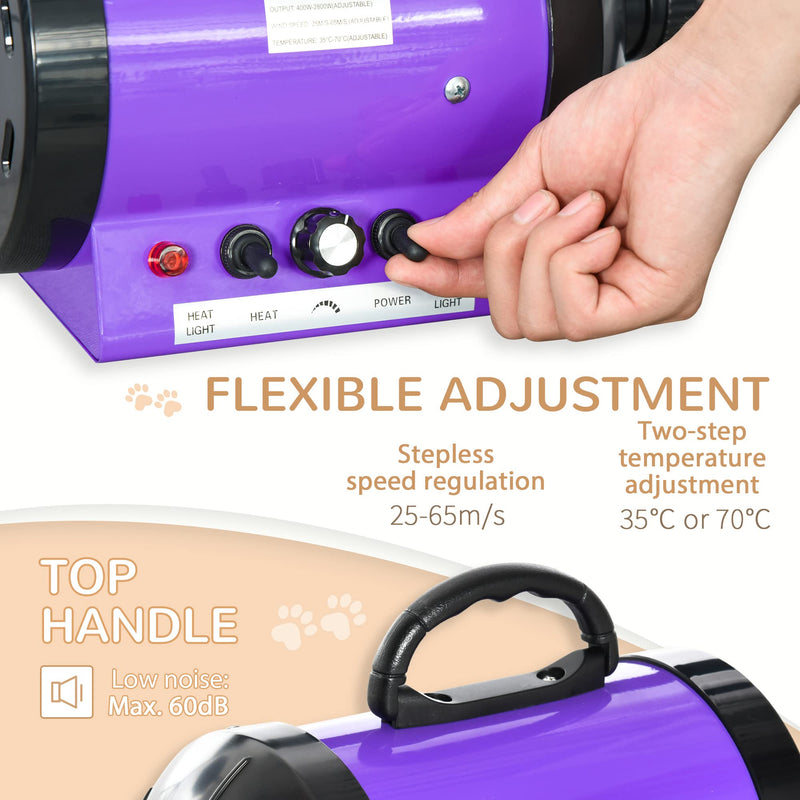 PawHut 2800W Dog Dryer Blaster Pet Grooming Hair Dryer Car Motorcycle Blower Adjustable Temperature Speed with 2.1M Flexible Hose 3 Nozzles - Purple - PawsPlanet Australia