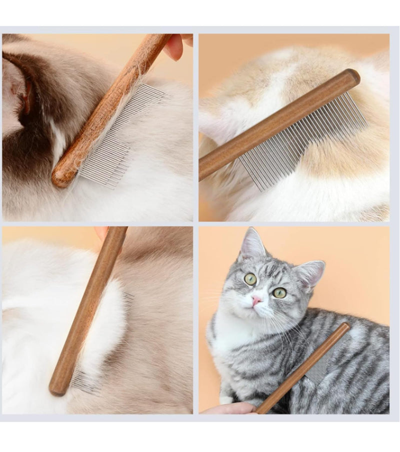 Octonyluck wooden cat comb, cat brush for long hair, short hair, stainless steel dog comb, flea comb for cats, suitable for all lengths, effectively removes tangles, mats and loose hair - PawsPlanet Australia