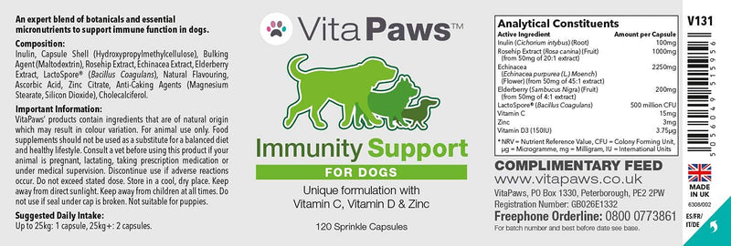 Immune Support Supplement for Dogs | Vitamin C, D & Zinc | Chicken Flavour | 120 Capsules = Up to 4 Month Supply - PawsPlanet Australia