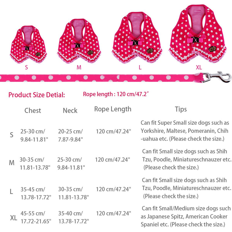 [Australia] - wowowo Small Dog Leash and Harness Set Stylish Lace Polka Dot Pink Puppy Cats Vest Harness Medium 