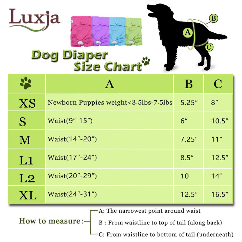 [Australia] - LUXJA Reusable Female Dog Diapers, Washable Wraps for Female Dog S: waist 9"-15" Sky Blue+purple+green+rose Red 