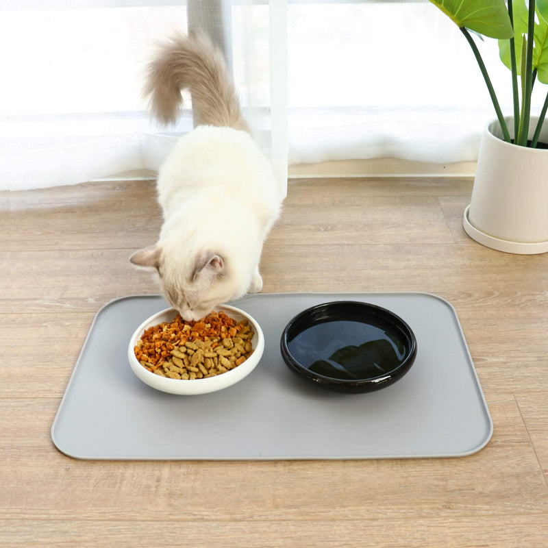 ComSaf Cat Feeding and Watering Bowl with Mat Set, Ceramic Cat Food/Water Bowls(White) with Silicone Feeding Mat for Cats, Food Grade Healthy Material Wide and Shallow Whisker Stress Free Non-Spill White - PawsPlanet Australia