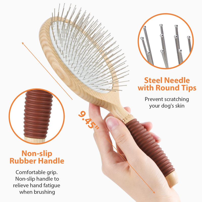 BasicForm Dog Brush, Pin Brush for Dogs with 27mm Extra Long Stainless Steel Pins, Dog Pin Brush for Longhaired Dogs, Dog Grooming Brush - Ash Wood Material, Non-Slip Rubber Handle, Round-Tipped Pins - PawsPlanet Australia