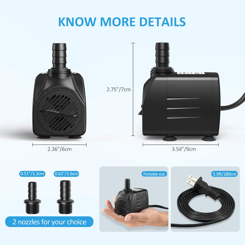 Homasy 400GPH Submersible Pump 25W Fountain Water Pump with 5.9ft Power Cord, 2 Nozzles for Aquarium, Fish Tank, Pond, Statuary, Hydroponics Black - PawsPlanet Australia
