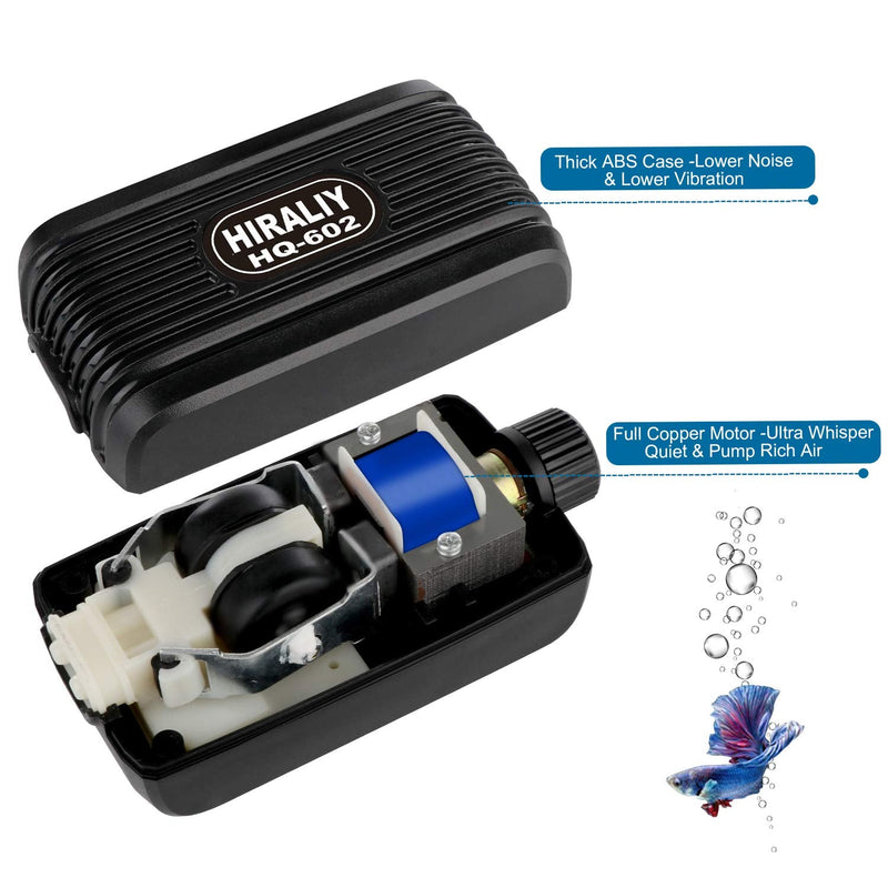 HIRALIY Aquarium Air Pump, Fish Tank Air Pump with Dual Outlet Adjustable Air Valve, Ultra Silent Oxygen Fish Tank Bubbler with Air Stones Silicone Tube Check Valves Up to 100 Gallon Tank - PawsPlanet Australia