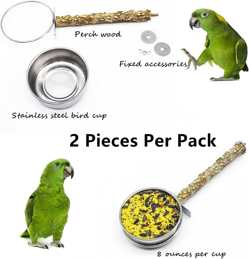 2 Pack Stainless Steel Bird Food Bowl with Natural Wood Perches Stand, Parrot Feeding Dish Cups, Bird Food Water Bowl for Parakeet Cockatiels Macaws Budgies Lovebirds, Large Size - PawsPlanet Australia