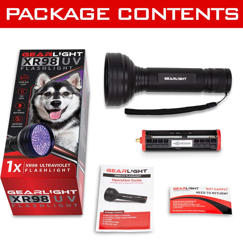 GearLight UV Black Light Flashlight XR98 - Powerful Patented 100 LED Blacklight Flashlights, Pet Stain Detector for Dog Urine, Scorpions, and Bed Bugs - Works with Carpet Odor Eliminator and Remover 100 LEDs - PawsPlanet Australia