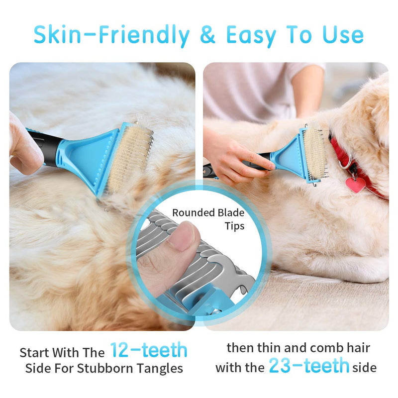 MENNYO Dog Brush Dog Combs Animal Grooming Tool Professional Dematting 2 Sided Primer Rake for Dogs Cats Easy Removal Cleaning Animals Hair Blue (Blue) - PawsPlanet Australia