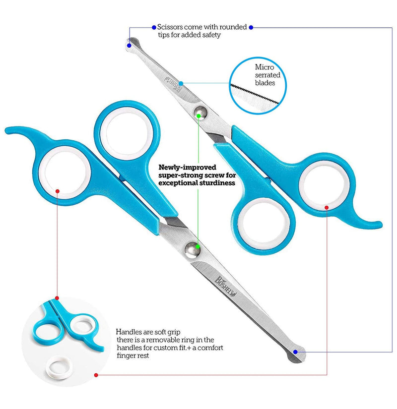 BOSHEL Dog Grooming Scissors Set - 2 Pet Grooming Scissors – Safe Rounded Tips – 1 Small Micro Serrated Dog Trimming Scissor For Face, Ear, Nose & Paw + 1 Larger Dog Scissor - Dog Grooming Shears Set 2 Pack - PawsPlanet Australia