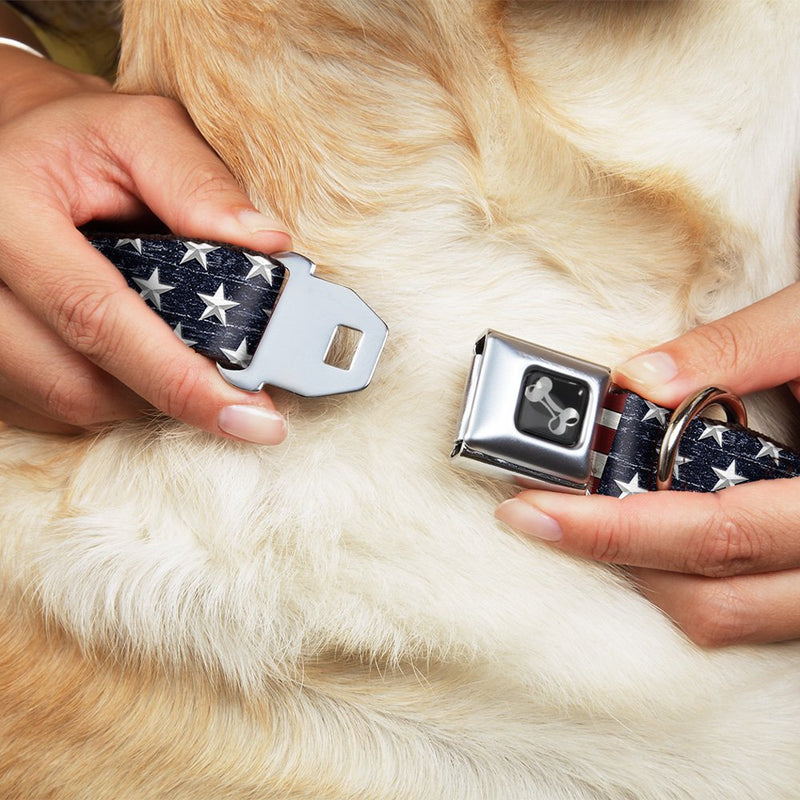 [Australia] - Buckle-Down Seatbelt Buckle Dog Collar - Americana Rustic Stars & Stripes 1.5" Wide - Fits 18-32" Neck - Large 