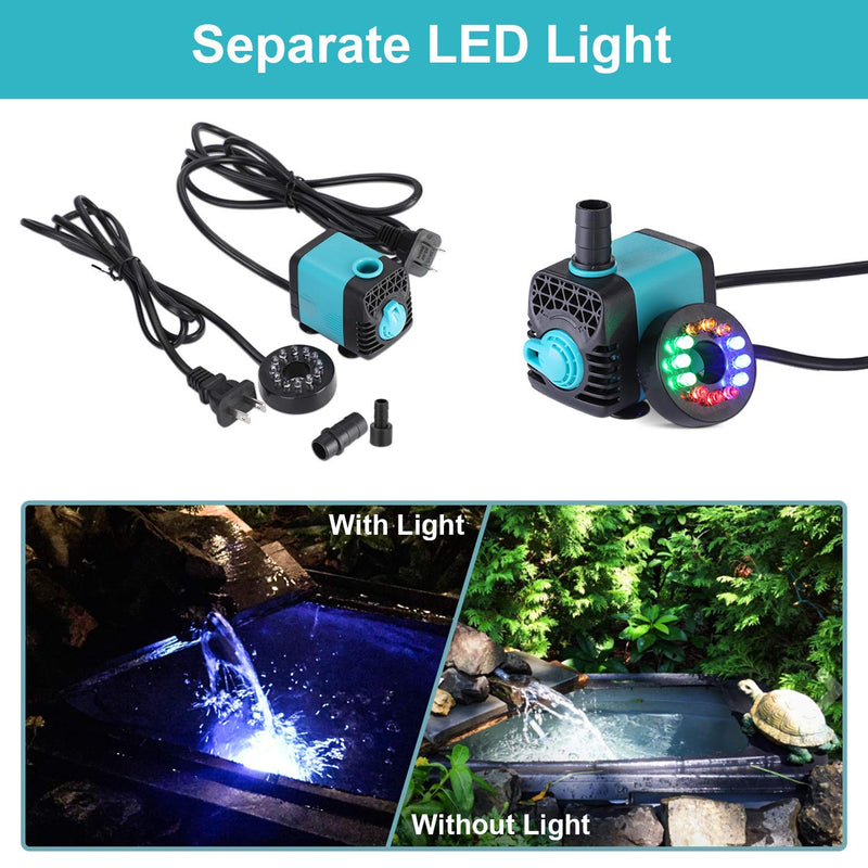 KEDSUM 130GPH Submersible Pump (600L/H,10W), Ultra Quiet Water Pump with 12 LED Colorful Lights, Fountain Pump with 3ft High Lift, 2 Nozzles for Fish Tank, Pond, Aquarium, Statuary, Hydroponics AC Water Pump 130GPH-With Light - PawsPlanet Australia