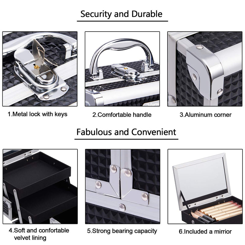 Joligrace Girls Makeup Box with Mirror Vanity Case Jewelry Organiser Nail Box Cosmetic Case Light Weight, 2 Trays Lockable with Keys (Black) Black - PawsPlanet Australia