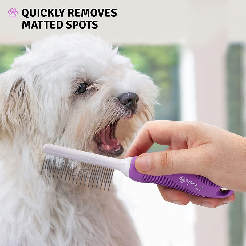 Detangling stainless steel pet comb with long and short teeth for removing matted fur, knots and tangles - detangler tool accessory for safe and gentle DIY grooming for dogs and cats - PawsPlanet Australia