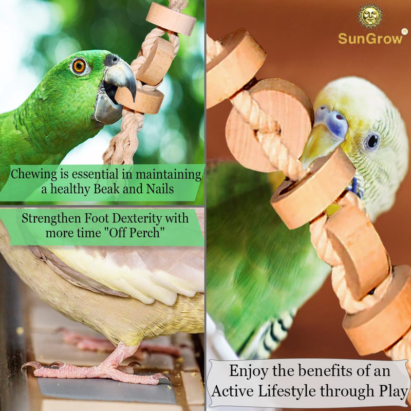 [Australia] - SunGrow Parakeet Wooden Chew Toy, 12 Inches Hanging Wood Cookies for Pecking and Chewing, Natural Pithy Wood Blocks and Safe Cotton Rope, Great for Parrots, Macaws, African Greys & Conures, 1 Pack 