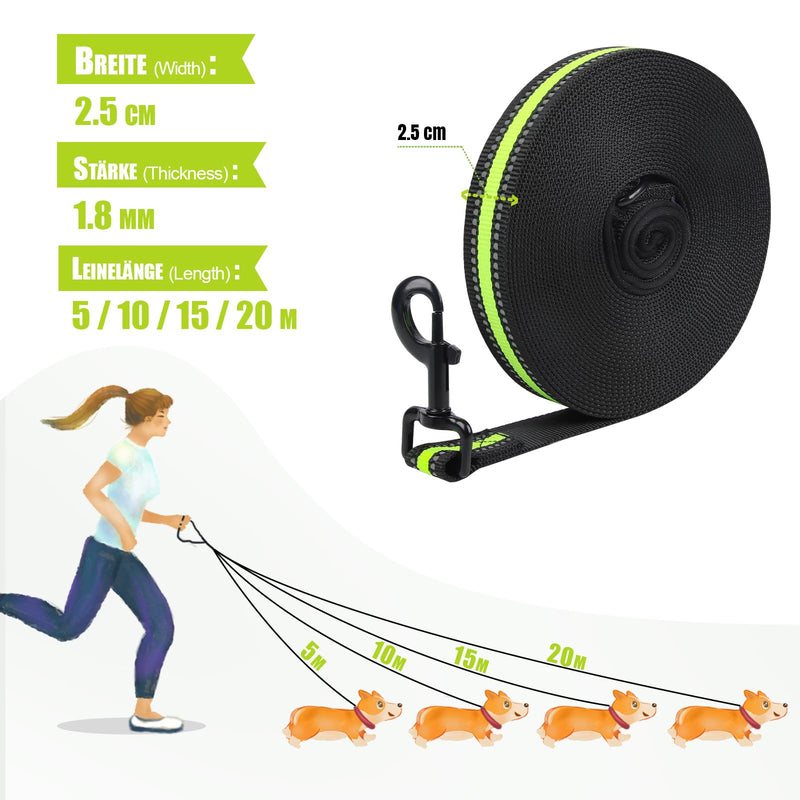 Snocyo towing leash for dogs 10m, robust dog leash for small, medium and large dogs, training leash with padded handle, reinforced carabiner and storage bag, green & black - PawsPlanet Australia