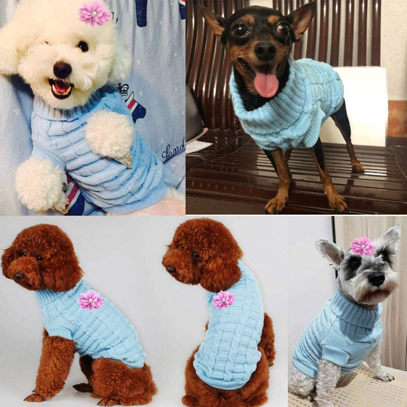 Aillion Cat Dog Sweater for Cats and Small Dogs, Warm Soft Cat Dog Turtleneck Braid Plait Knitwear with Fabric Flower Clip Decor XS Blue - PawsPlanet Australia