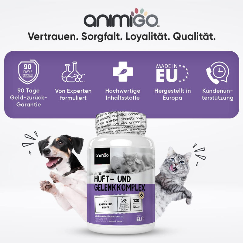 Animigo Hip & Joint Complex for Dogs & Cats - Alternative to Joint Tablets Dog - 120 Capsules - MSM, Glucosamine, Turmeric, Chondroitin, Hyaluronic Acid & Cinnamon for Bones, Joints & Mobility - PawsPlanet Australia