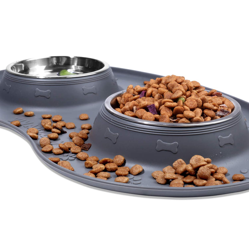 [Australia] - Vivaglory Dog Bowls Set with Double Stainless Steel Feeder Bowls and Wider Non Skid Spill Proof Silicone Mat for Cats Puppies Dogs 13½ oz ea. Grey 