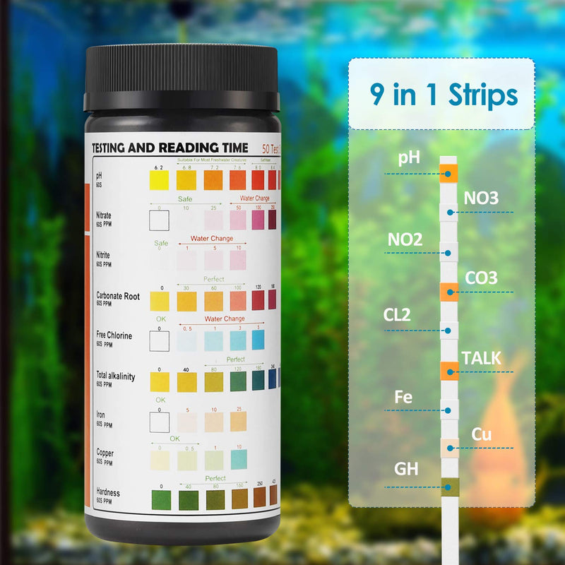 Qguai Aquarium Test Strips, 9 in 1 Aquarium Water Test Kit for Freshwater Saltwater Pond Water Fish Tanks, Help Prevent Invisible Problems by Monitoring Nitrate, Nitrite, PH, Free Chlorine and More - PawsPlanet Australia