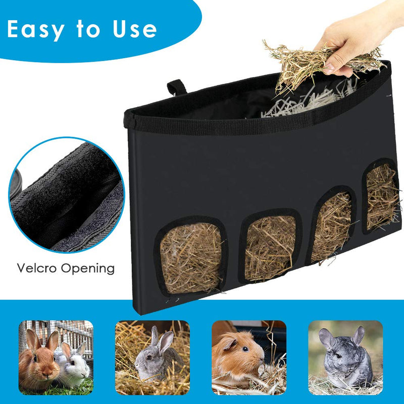 SlowTon Rabbit Hay Feeder Bag, Double-Layer Large Hamster Guinea Pig Chinchilla Hay Feeder Storage with Shoulder Strap, Rabbit Food Bag, Small Pet Feeding Storage Bag For Small Animals Eating Hay 4 Openings Black - PawsPlanet Australia