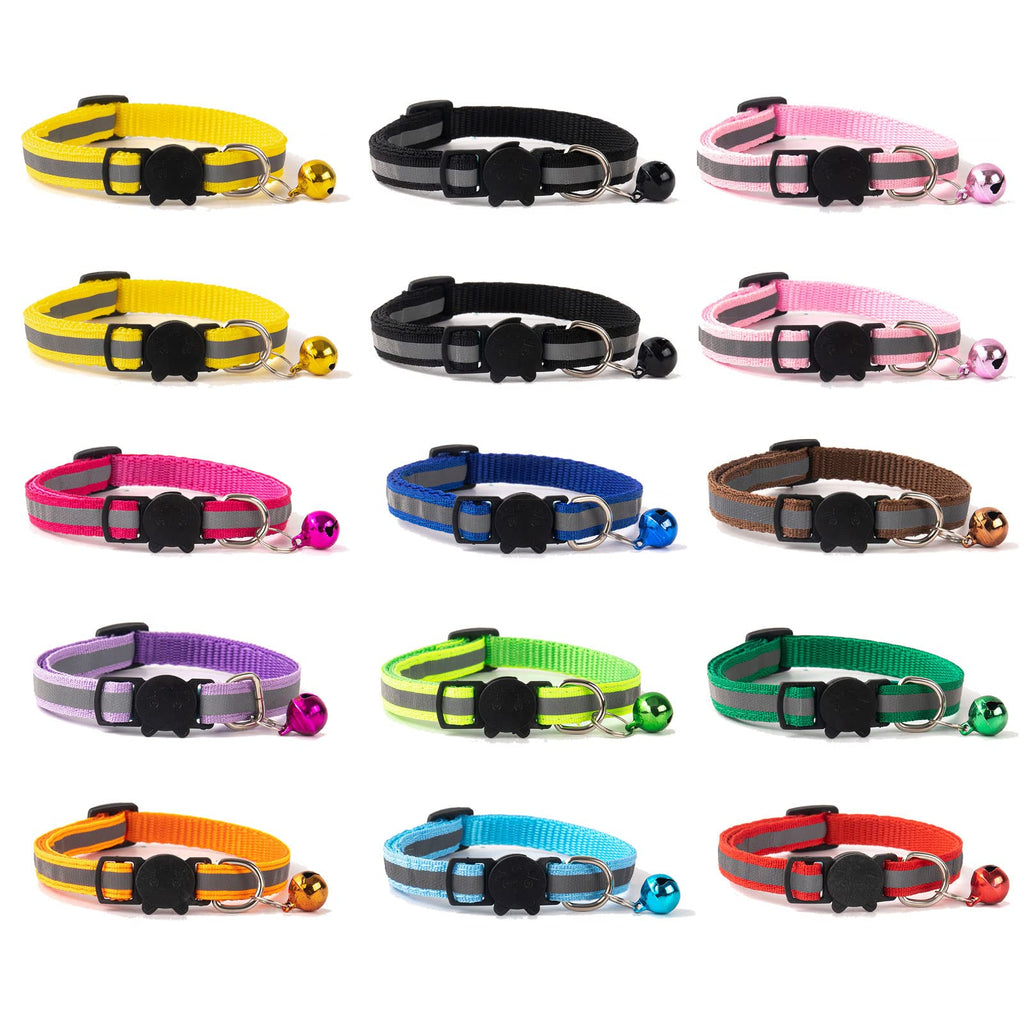 TSHAOUN Pack of 15 Adjustable Reflective Cat Collars with Safety Clasp, Fluorescent Kitten Collars with Bell for Domestic Cats, Small Dogs Adjustable 19-32 cm - PawsPlanet Australia