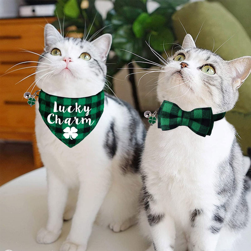 STMK 2 Pack St. Patrick's Day Cat Collar Bandana with Bell, Breakaway Cat Bandana Collars with Bell Charm for St. Patrick's Day Cats Kittens Costumes (St. Patrick's Day Bow Tie & Bandana Collar) Plaid - PawsPlanet Australia