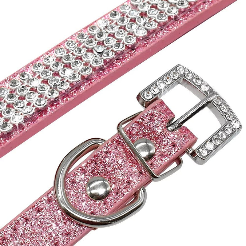 [Australia] - Beirui Bling Rhinestone Leather Dog Collar - Crystal Studded for Dog & Kitty Cat 12-15" Pink 