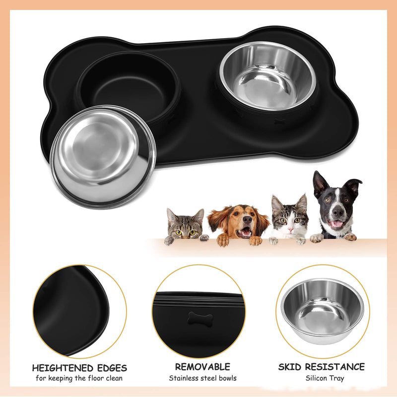 yoka Dog Bowls Non Slip Stainless Steel Double Bowl with Non-Spill Silicone Mats Tray for Cats Dogs Puppies Food Water Feeding (14oz /400ml Each Bowl, Black) - PawsPlanet Australia