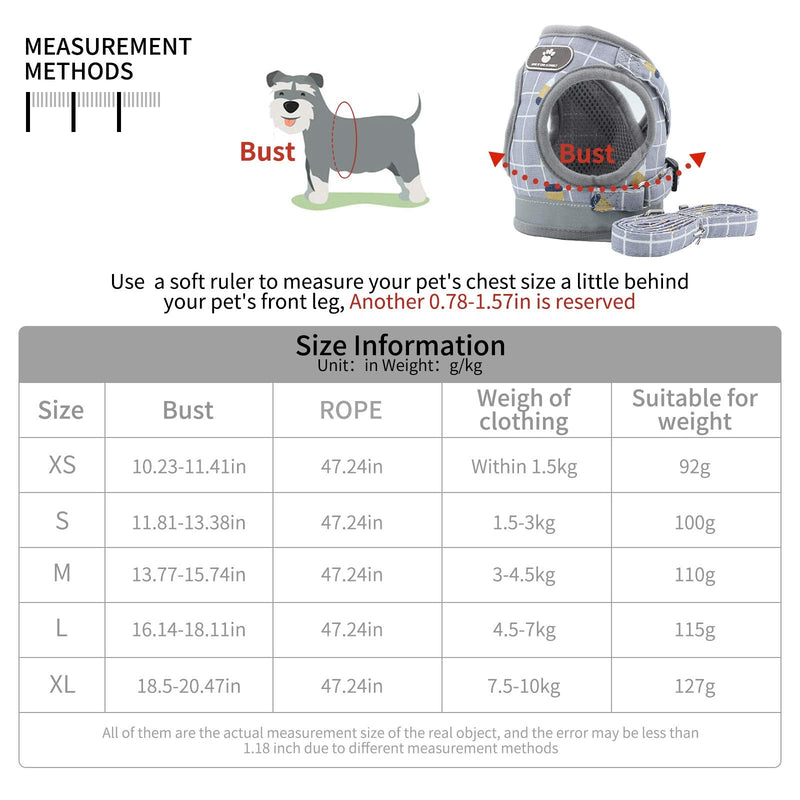 BLEVET Dog Harness Puppy Vest Harness Adjustable Dog Lead Chest Breathable Walking Leash for Small Dog Cat MZ083 XS Grey - PawsPlanet Australia