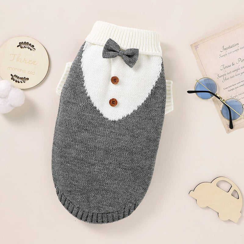 Dog Sweater with Bow Tie Dog Turtleneck Sweaters Knitted Pet Sweater Soft Warm Vest Knitwear Dog Clothes Suit for Fall Winter Cold Weather Small Grey - PawsPlanet Australia