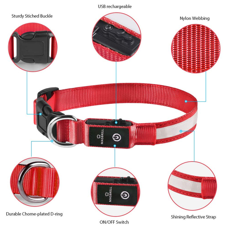 MASBRILL LED Dog Collar with Rechargeable & Waterproof, Glowing Dog Collars High Visibility for Pet Safety, 3 Modes Flashing Collars for Small/Medium/Large Dog(Red L) L(60X2.5cm) Red - PawsPlanet Australia