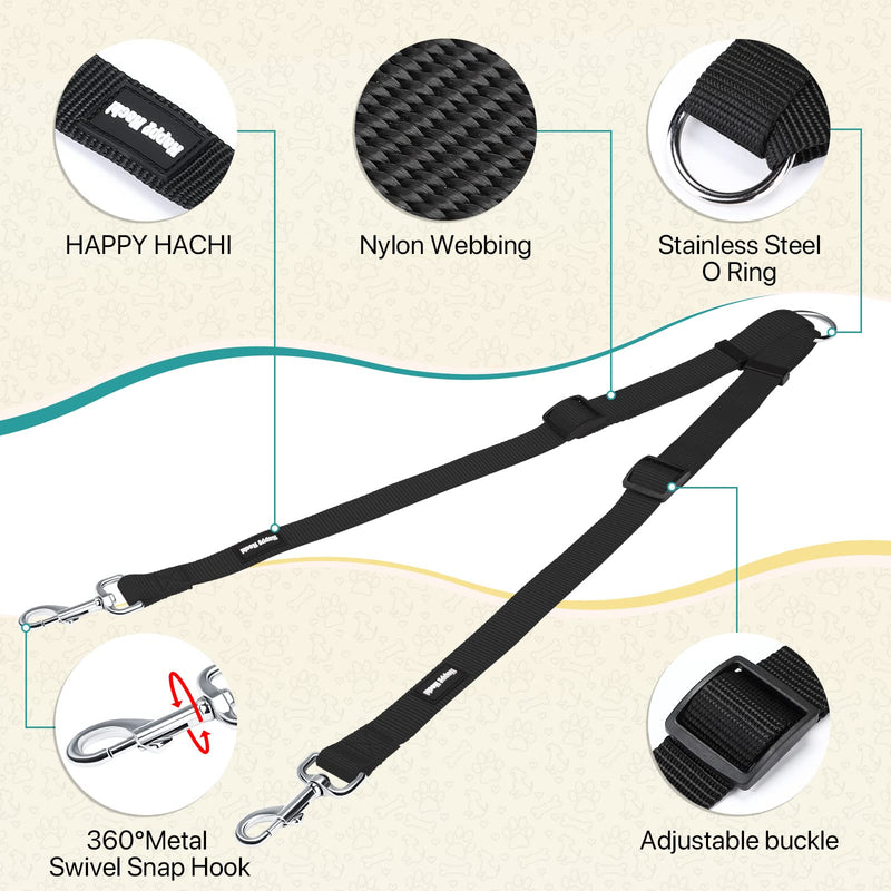 HAPPY HACHI Adjustable Double Dog Leash Coupler No Tangle Nylon Twin 2 Pet Trainer Leash Splitter S 33-50cm Black - PawsPlanet Australia