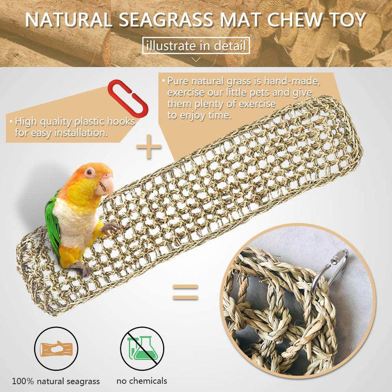 Bird Seagrass Mat,Natural Grass Woven Net Hammock Hanging on Parrot Cage with 4 Hooks,Parakeet Climbing Rope Ladder Chew Toys for Lovebird Cockatiel Conure Budgie,Cockatoo Supplies 28.3" x 6.7" - PawsPlanet Australia